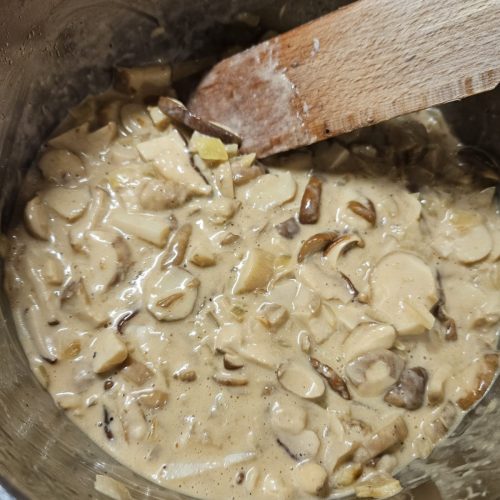 lekki sos grzybowy bez nabiału i glutenu na patelni składniki na sos grzybowy bez nabiału i glutenu grzyby leśne pokrojone do sosu sos grzybowy z mlekiem kokosowym w trakcie gotowania kremowy sos grzybowy bez nabiału i glutenu na talerzu prawdziwki użyte do sosu grzybowego gotowy aromatyczny sos grzybowy bez nabiału i glutenu
